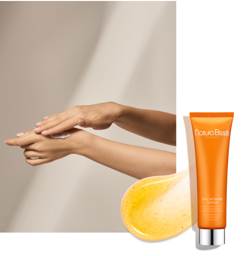 Collage featuring C+C Vitamin scrub, its texture with microgranules and hands applying scrub