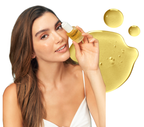 Collage featuring a model holding the NB Ceutical Rosa Mosqueta Oil to her face and the oily texture of the product.